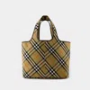 Burberry Medium Checkered Cotton Twill Tote With Leather Accents In Beige