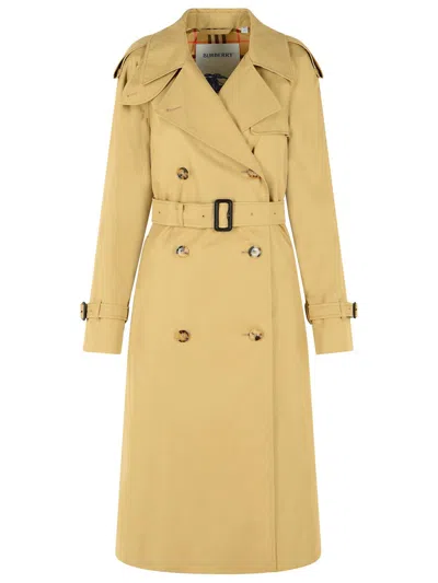 Burberry Long Beige Cotton 'castleford' Trench Coat Women In Yellow