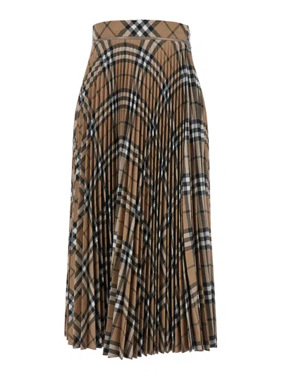 Burberry Long Beige Pleated Skirt With Check Motif In Wool Blend Woman