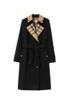 Burberry Gabardine Check-collar Long Trench Coat In Black
