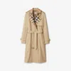 Burberry Plaid-collar Gabardine Trench Coat In Honey
