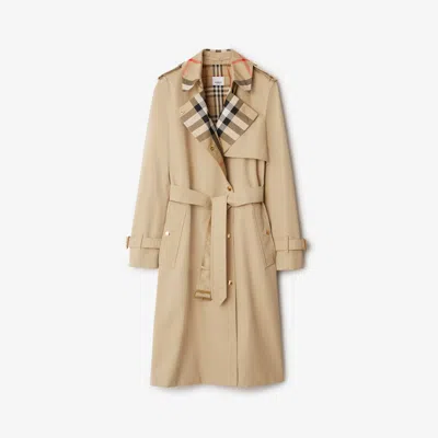 Burberry Plaid-collar Gabardine Trench Coat In Beige