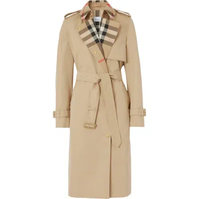 Burberry Long Check Lapel Gabardine Trench Coat In Honey