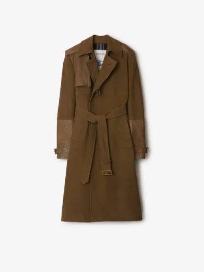 Burberry Long Cotton And Leather Trench Coat In Bramble
