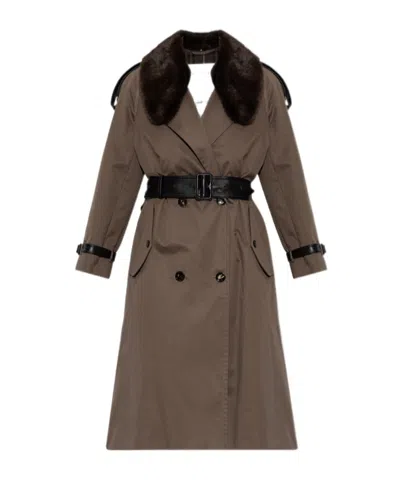 Burberry Long Cotton Trench Coat With Buffalo Leather Collar In Brown