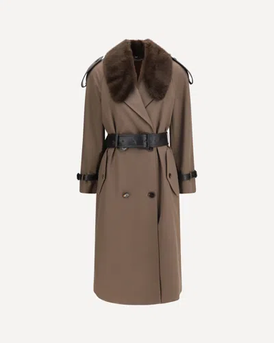Burberry Leather And Plush-trimmed Cotton-gabardine Trench Coat In Brown