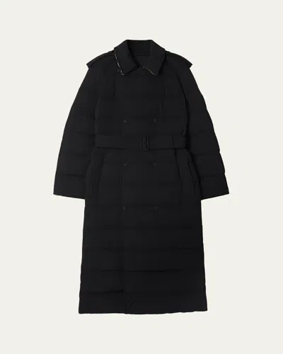 Burberry Long Double-breasted Down Trench Coat In Black/sand Ip Check
