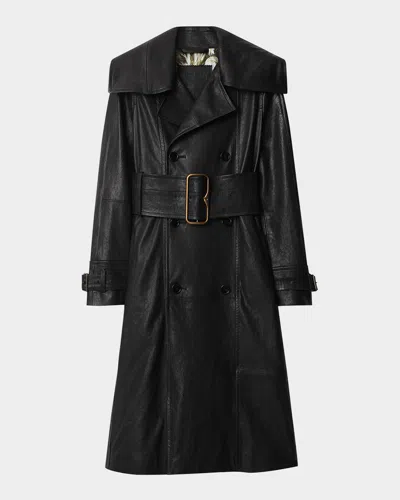 Burberry Long Double-breasted Leather Belted Trench Coat In Black