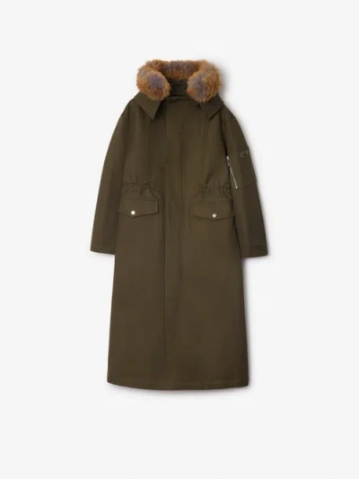 Burberry Long Faux Fur Trim Cotton Parka In Loch