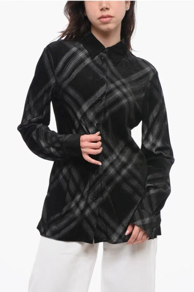 Burberry Long Flannel Shirt With Checkered Motif In Black