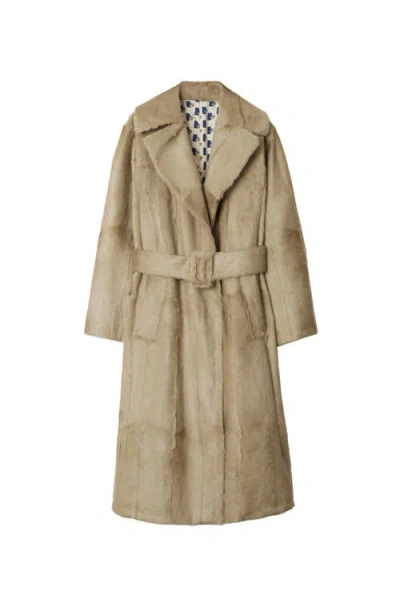 Burberry Belted Goat Shearling Trench Coat In Field