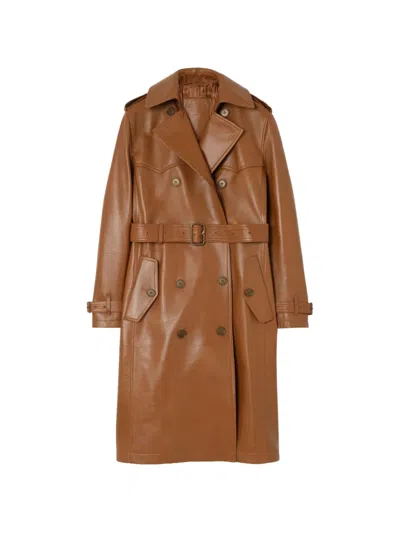 Burberry Long Leather Foxfield Trench Coat In Brown