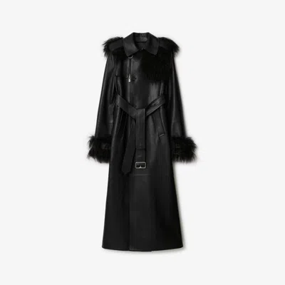 Burberry Mongolian Lamb Shearling And Leather Long Trench Coat In Black
