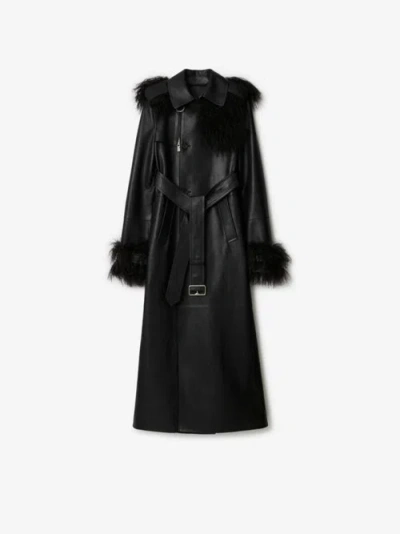 Burberry Mongolian Lamb Shearling And Leather Long Trench Coat In Black