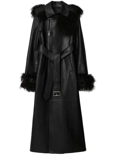 Burberry Mongolian Lamb Shearling And Leather Long Trench Coat In Black