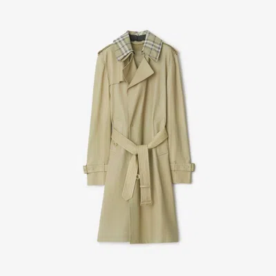 Burberry Leather Trench Coat With Check Collar In Hunter