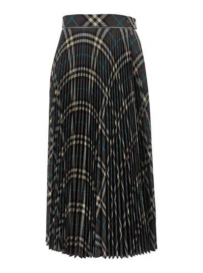 Burberry Long Multicolor Pleated Skirt With Check Motif In Wool Blend Woman In Green