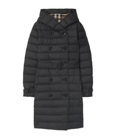 Burberry Long Nylon Hooded Puffer Coat In Black