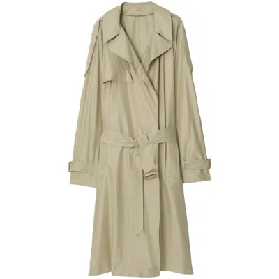 Burberry Long Silk Belted Trench Coat In Nude