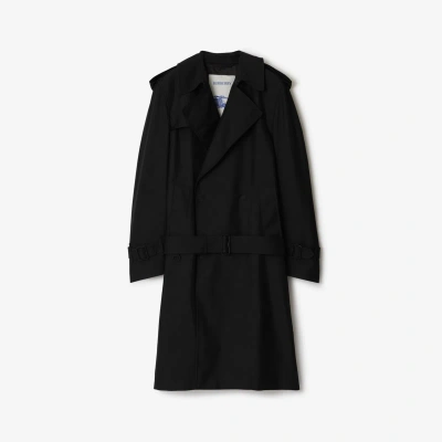 Burberry Long Silk Blend Trench Coat In Black