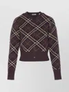 Burberry Long Sleeve Cardigan With Check Motif And Crewneck In Brown