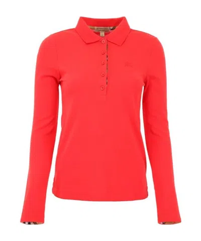 Burberry Long-sleeve Check Placket Cotton Piqué Polo Shirt In Red