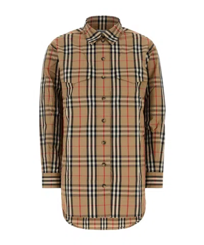 Burberry Embroidered Cotton Shirt With Long Sleeves In Brown