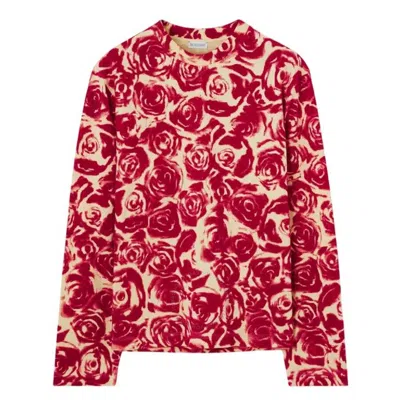 Burberry Long Sleeve Rose Pattern Cotton Top In Red