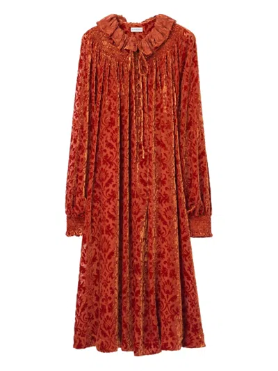 BURBERRY LONG-SLEEVE RUFFLED MIDI DRESS