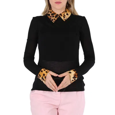 Burberry Long-sleeve Spotted Monkey Print Trim Cashmere Top In Black