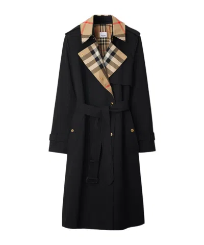 Burberry Gabardine Check-collar Long Trench Coat In Black