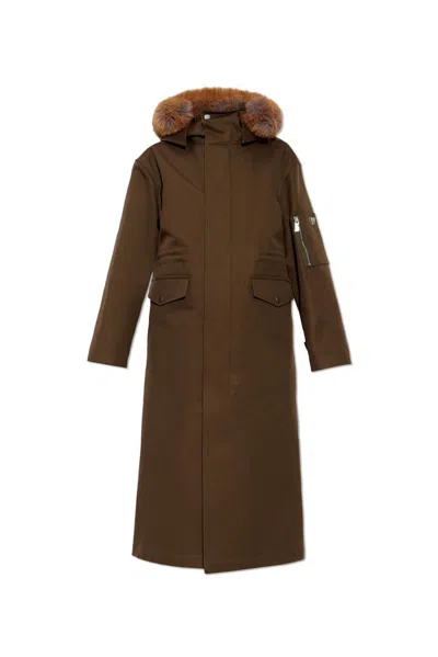 Burberry Long Sleeved Faux Fur Hooded Parka In Brown