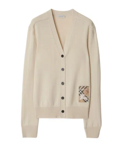 Burberry Wool Knit Logo Cardigan In Beige