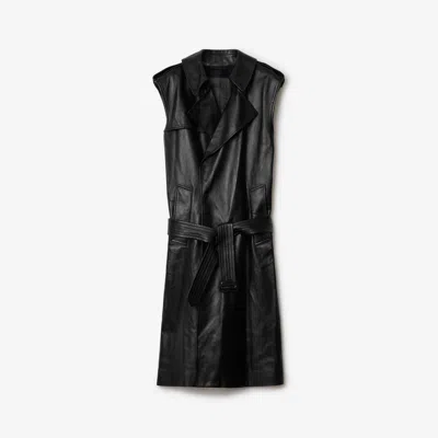 Burberry Long Sleeveless Leather Trench Coat In Black