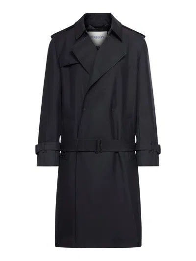 Burberry Long Trench Coat In Silk Blend In Black