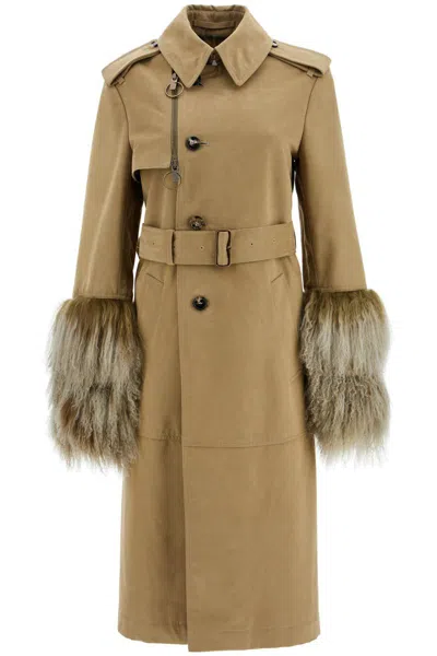 Burberry Long Trench Coat With Shearling Cuffs In Brown