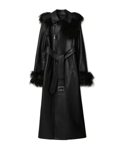 Burberry Mongolian Lamb Shearling And Leather Long Trench Coat In Black