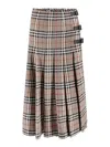 Burberry Beige Midi Skirt With Side Buckle Closure And All-over Check Motif In Wool Woman