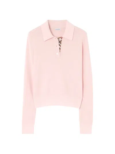 Burberry Long-sleeve Wool Polo Shirt In 粉色