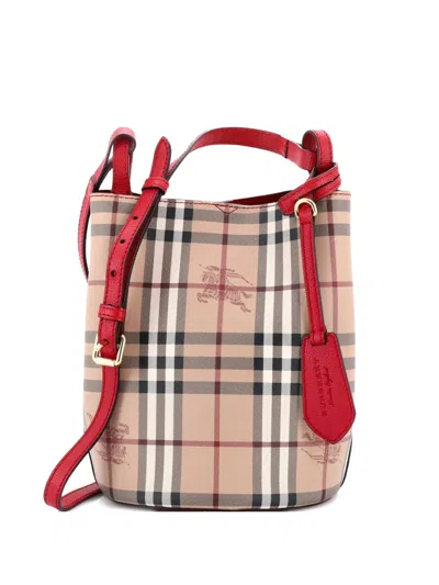 Pre-owned Burberry Lorne Haymarket Coated Canvas Small Bucket Bag In Brown