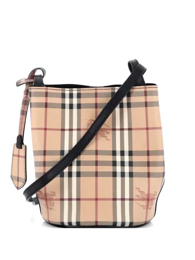 Pre-owned Burberry Lorne Haymarket Coated Canvas Small Bucket Bag In Brown