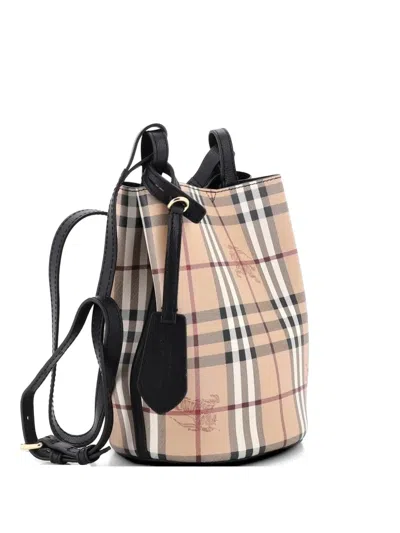 Pre-owned Burberry Lorne Haymarket Coated Canvas Small Bucket Bag In Brown