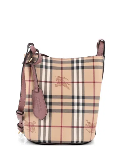Pre-owned Burberry Lorne Haymarket Coated Canvas Small Bucket Bag In Brown