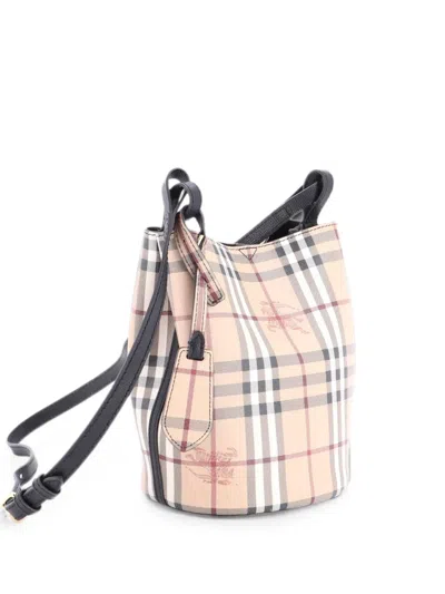 Pre-owned Burberry Lorne Haymarket Coated Canvas Small Bucket Bag In Brown