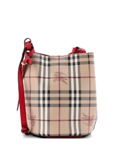 Pre-owned Burberry Lorne Haymarket Coated Canvas Small Bucket Bag In Neutral