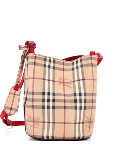 Pre-owned Burberry Lorne Haymarket Coated Canvas Small Bucket Bag In Red