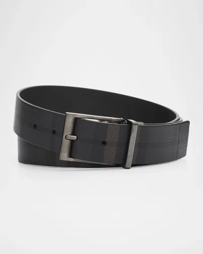 Burberry Louis Reversible Check Leather Belt In Dark Brown