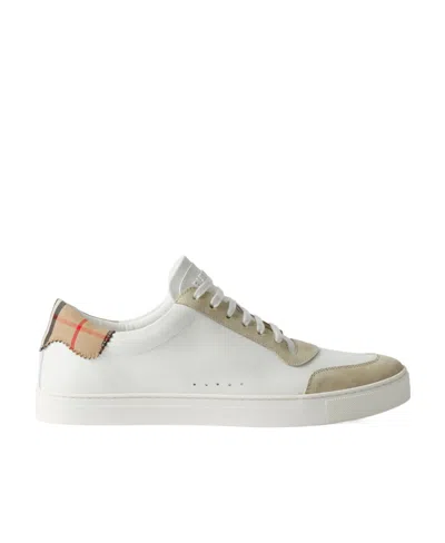 Burberry Check Print Lace-up Leather Sneakers In White
