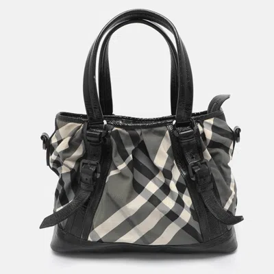 Pre-owned Burberry Lowry Black Beat Check Nylon And Patent Leather Tote