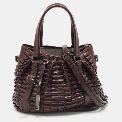 Pre-owned Burberry Lowry Large Burgundy Cartridge Pleated Leather Tote